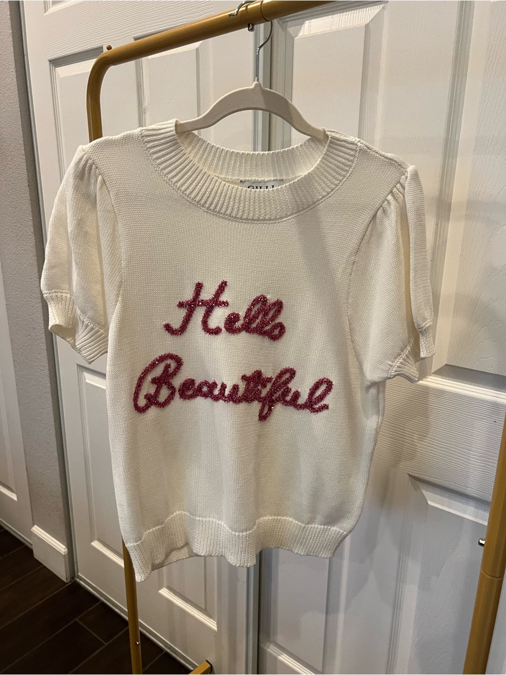 Gilli White Knit Short Sleeve Sweater with Pink "Hello Beautiful" Script